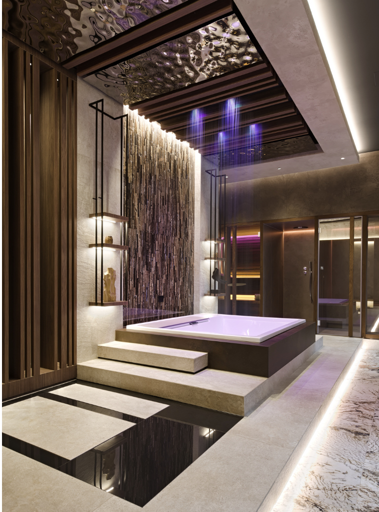 Area wellness della SPA Suite Widen con vasca incassata e illuminazione scenografica